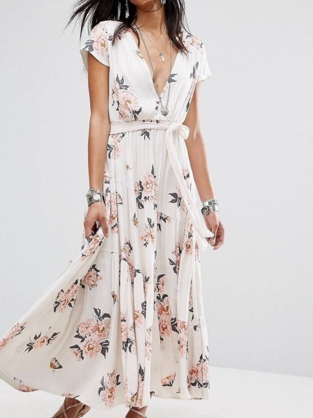 Free People Womens All I Got Floral Printed Maxi Dress Ivory Pink Size 4 Boho